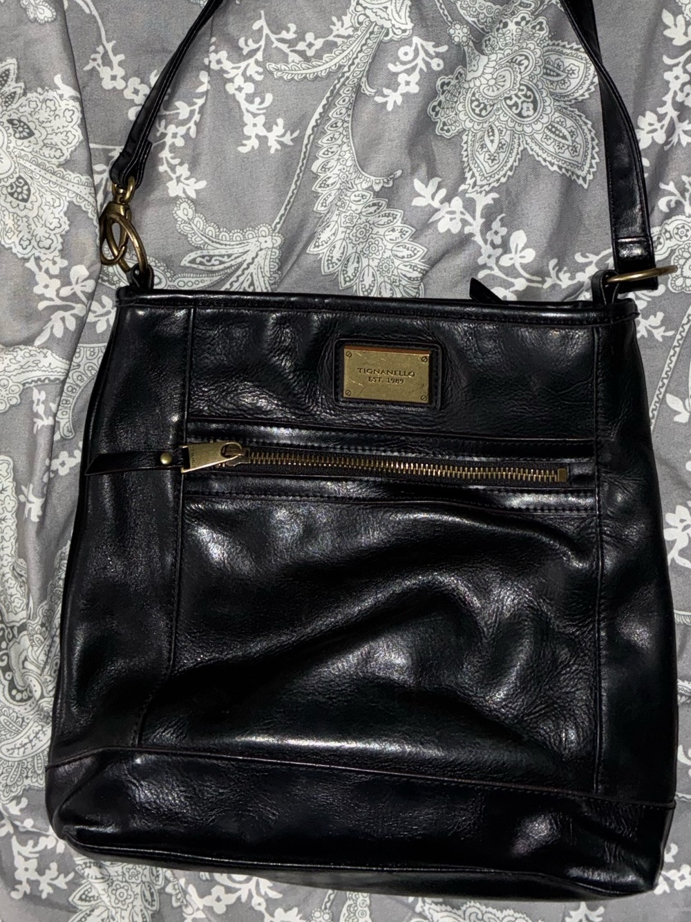 Tignanello Black Leather Crossbody with Gold Hardware